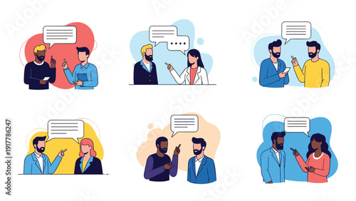 Multiple pairs of diverse people engage in active conversations with speech bubbles to represent communication and social interaction.