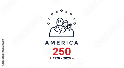 America 250th anniversary logo, patriotic icon with stars, man and child, 1776-2026 date range. Created in line art style with red, blue color palette.