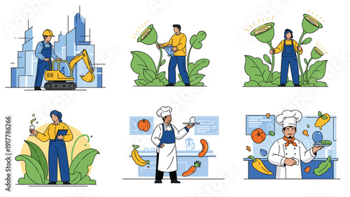 Professionals in various industries like construction and culinary arts are shown with oversized tools like an excavator and vegetables.