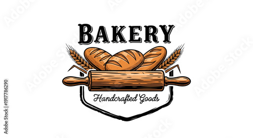 Vintage Bakery Logo with Bread and Rolling Pin.