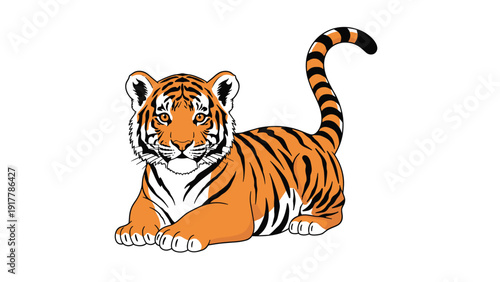 Adorable tiger cub with orange fur and black stripes lies down comfortably and gazes forward with large curious eyes on a white base.