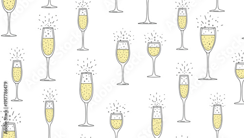 Celebration pattern consists of hand-drawn champagne flutes with sparkling bubbles scattered across a clean white background in a style.