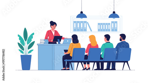 Row of diverse people sits in chairs at a service desk while a professional receptionist assists them with their inquiries or tasks.