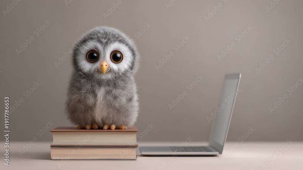 Obraz premium Cute fluffy owl character sitting on stack of books beside open laptop in minimalistic background, perfect for educational or online learning themes