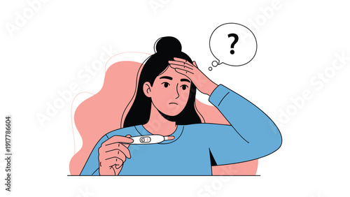 Concerned woman looks at a pregnancy test while thinking with a question mark about her future and health in a simple illustration.