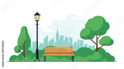 Empty wooden park bench stands next to a street lamp in a green city park with a urban skyline silhouette in the distant background.
