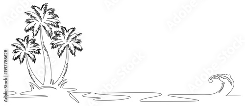continuous line drawing of a beach scene with palm trees 7.eps