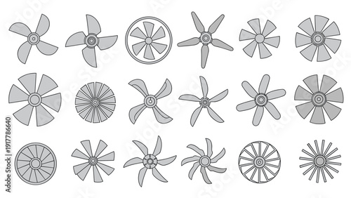 Complete set of various industrial fan blades and propeller designs are displayed in a clean grid for technical and engineering themes.