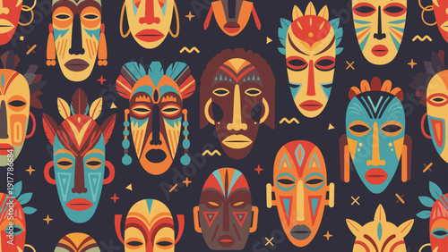 Seamless pattern displays a variety of traditional African tribal masks with vibrant colors and intricate geometric facial designs.