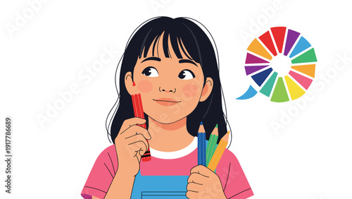 Young girl looks away thoughtfully while holding a handful of colored pencils and thinking about a vibrant color wheel spectrum.