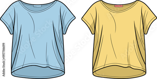 Women short sleeve t-shirt vector illustration set, casual loose fit tops, fashion mockup template, isolated white background clothing design