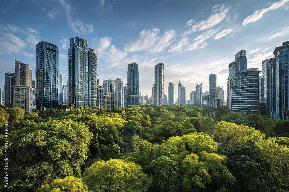 Fototapeta premium City skyline with green park and trees under bright blue sky, showcasing modern high rise buildings and vibrant urban environment with natural greenery and sunlight