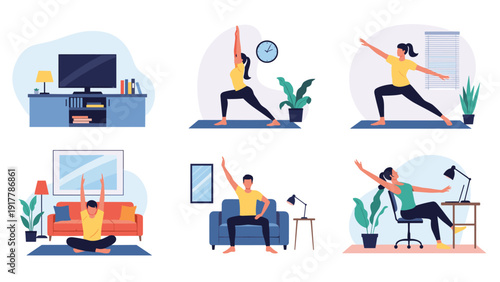 Set of people performing different yoga poses and stretching exercises at home in various rooms like the living room and office.