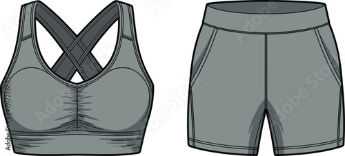 Women sports bra and shorts vector illustration set, modern fitness activewear outfit mockup, casual gym clothing, isolated white background