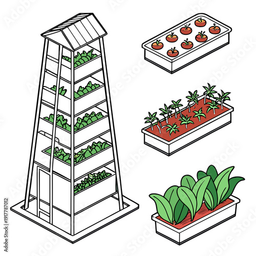 A diagram showing different types of plants in planters