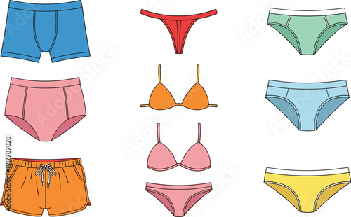 Women underwear and lingerie vector illustration set, colorful bra panties shorts collection, fashion flat design, isolated white background