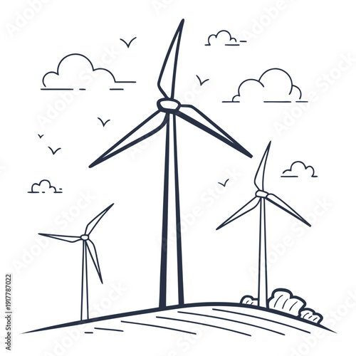 Wind turbines on a hill with clouds and birds