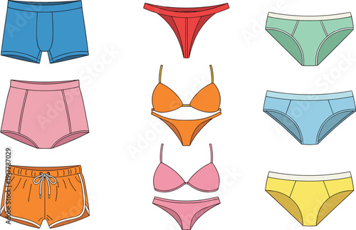 Women underwear and swimwear vector illustration set, colorful bra panties shorts collection, fashion flat design, isolated white background