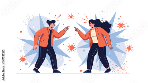 Two angry businesswomen in orange suits point fingers at each other and argue in a heated conflict against an abstract star background.