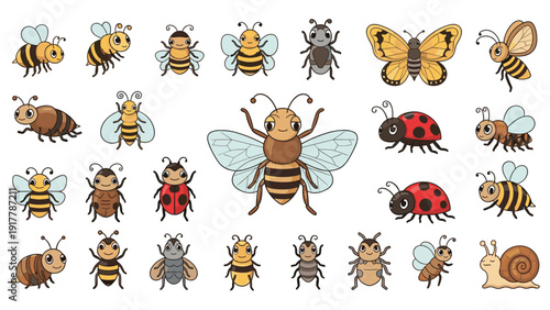 Large set of various cute cartoon insects including bees ladybugs beetles and snails are shown in different colors and sizes.