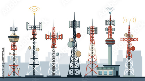 Various types of telecommunication towers and radio masts are displayed against a city skyline silhouette for technology and network themes.