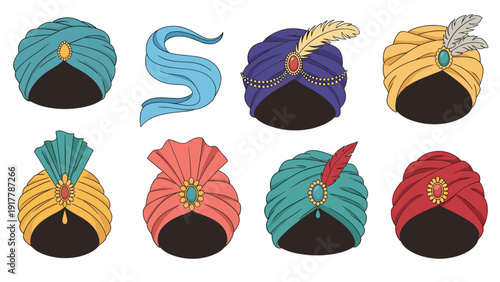 Selection of traditional colorful turbans decorated with jewels and feathers are shown for cultural and historical fashion themes.