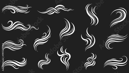 Large collection of white smoke and steam swirls or abstract cloud shapes isolated on a dark background for use in graphic design and branding.