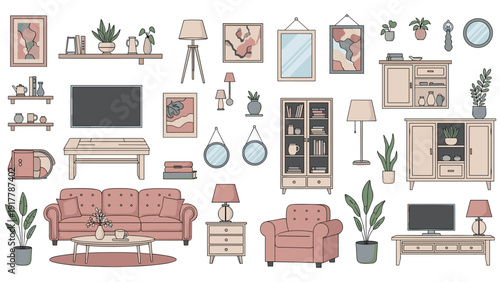 Extensive collection of flat style interior furniture and home decor icons including sofas, chairs, tables, lamps, and potted plants for room planning.