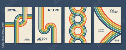 Vibrant 1970s retro style poster templates with colorful geometric patterns