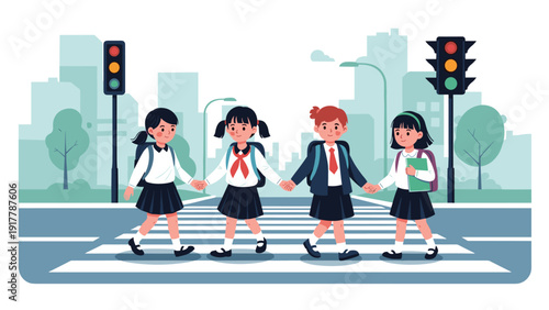 Four schoolgirls in uniforms and backpacks holding hands while safely crossing the street at a pedestrian crosswalk in a city with traffic lights.