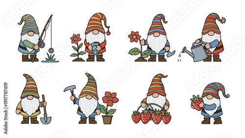Fun collection of garden gnomes with colorful striped hats busy with activities like fishing, gardening, and harvesting giant strawberries and flowers.