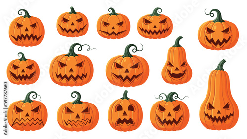 Large set of fifteen carved Halloween jack-o-lantern pumpkins with various spooky and funny facial expressions isolated on a clean white background.