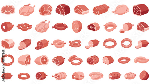 Comprehensive collection of various sausages, deli meats, and cold cuts in different shapes and slices for food packaging and menu design projects.