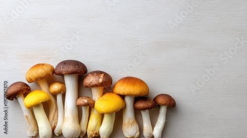 Fresh Mushrooms in Various Colors Arranged Neatly Against a Textured Background for Culinary Inspiration and Natural Beauty