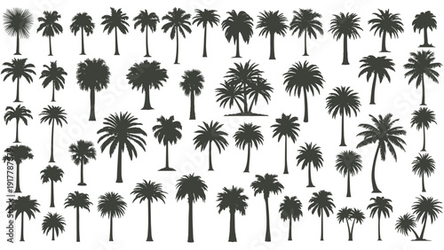 Large variety of black silhouette palm tree shapes in different species and sizes arranged in a grid against a plain white background for design.