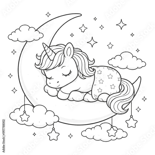 Sleepy unicorn resting on crescent moon with stars and clouds