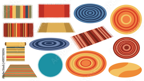 Large collection of colorful rugs and carpets in various shapes including rectangular, oval, and circular with different patterns for home decor.