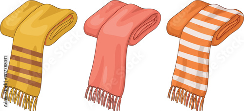 Folded winter scarf vector illustration set, colorful striped cozy fashion accessories collection, soft fabric design, isolated white background