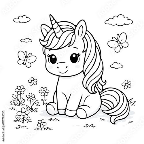 Cute cartoon unicorn sitting in a field of flowers and butterflies