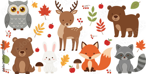 Flat vector illustration set of forest animals including owl deer bear fox raccoon rabbit and autumn elements like colorful leaves apples and mushrooms.