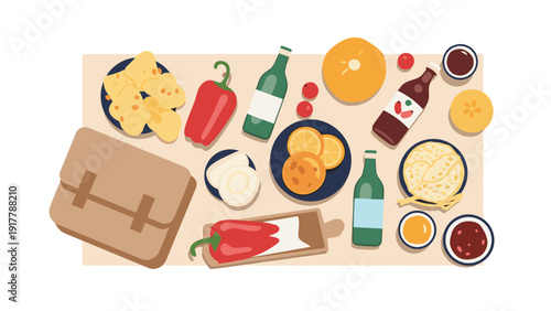 Overhead view of a picnic spread on a blanket featuring snacks, sandwiches, peppers, oranges, bottles of juice, and a brown leather bag.