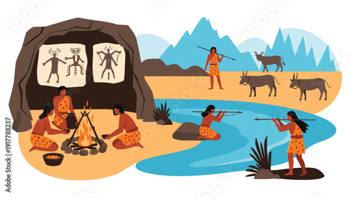 Prehistoric tribe members engaged in daily activities like hunting animals, fishing, cooking over fire, and cave painting in a mountain landscape.