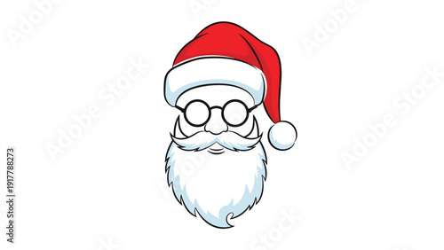 Minimalist face of Santa Claus featuring his iconic red hat with a white pompom, black round glasses, and a long white beard.