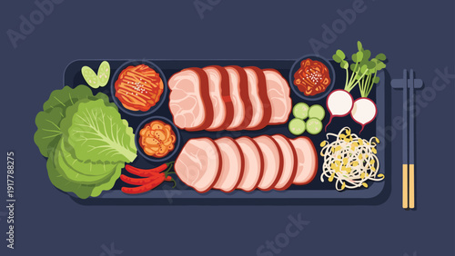 Traditional Korean meal platter featuring sliced boiled pork belly served with kimchi, bean sprouts, lettuce leaves, and spicy dipping sauces.