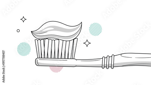 Close-up illustration of a toothbrush with a large swirl of white toothpaste on the bristles and decorative stars and circles.