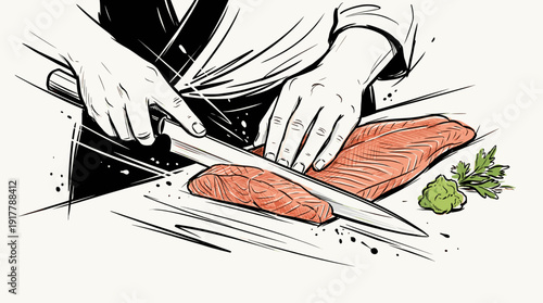 Chef Skillfully Slicing Fresh Salmon Fillet on a Cutting Board Preparing a Gourmet Meal