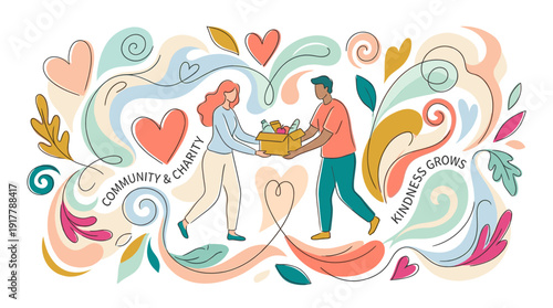 Charity and Community Collaboration Illustration with Two People Exchanging a Box of Essential Goods