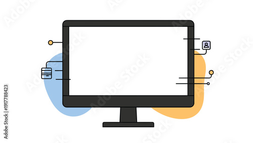 Desktop computer monitor with network and user icons connected to its side panels on a blue and orange abstract background.