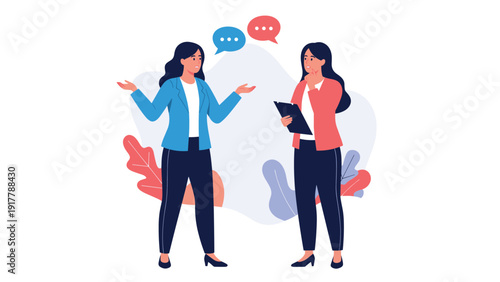 Two professional women in business suits standing and having a conversation with colorful speech bubbles and leaves in the background.