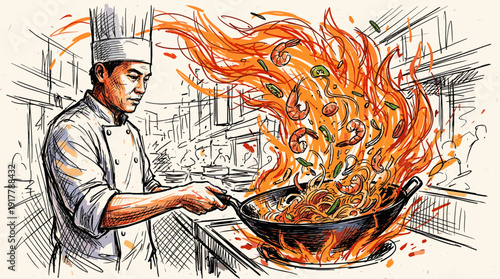 Chef Dynamically Stir Frying Delicious Noodles and Shrimp with Fresh Vegetables in a Blazing Hot Wok